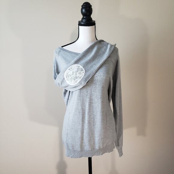 Brixon Ivy Fierro Women's Large Lace Elbow Patch Gray Crew Neck Sweater NWT - Picture 1 of 7